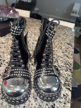 Jeffrey Campbell Black Lace-Up Combat Boots with Silver Caps